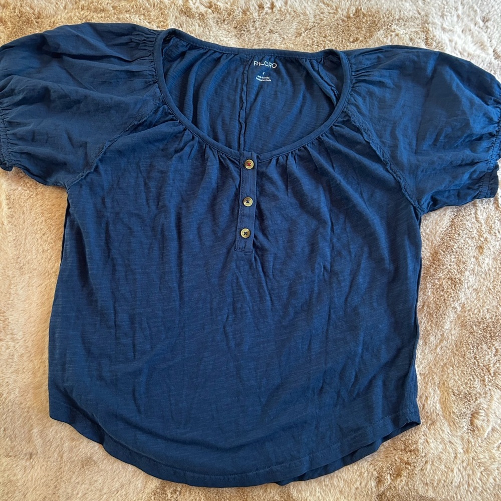 Pilcro from Anthropologie Blue Fitted Puff Sleeve Blouse